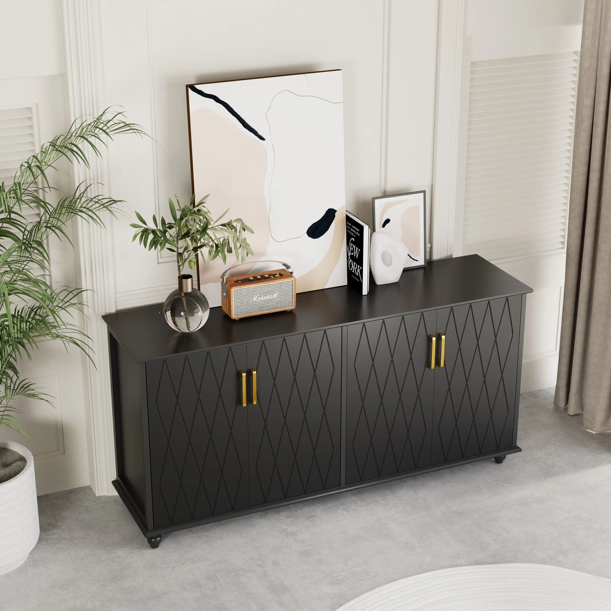 RULI Sideboard Buffet Cabinet Stand for Storage, 62 Inch Coffee Bar Cabinet with 4 Compartments, Kitchen Cupboard Console Table for Living Room, Dining Room, Black