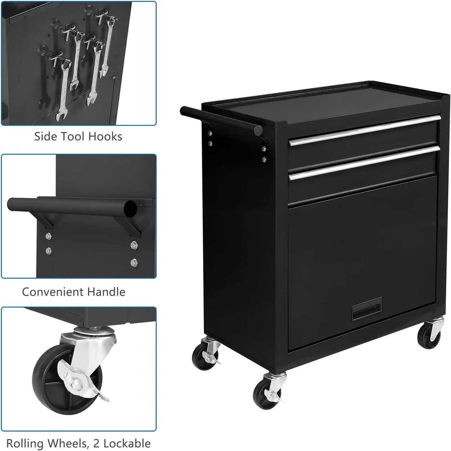 TUFFIOM 8-Drawer Rolling Tool Chest w/Lock & Key, Tool Storage Cabinet w/Wheels, Detachable Top, Drawers, Side Hooks & Drawer Liners, Tool Organizer Box for Garage, Warehouse & Repair Shop