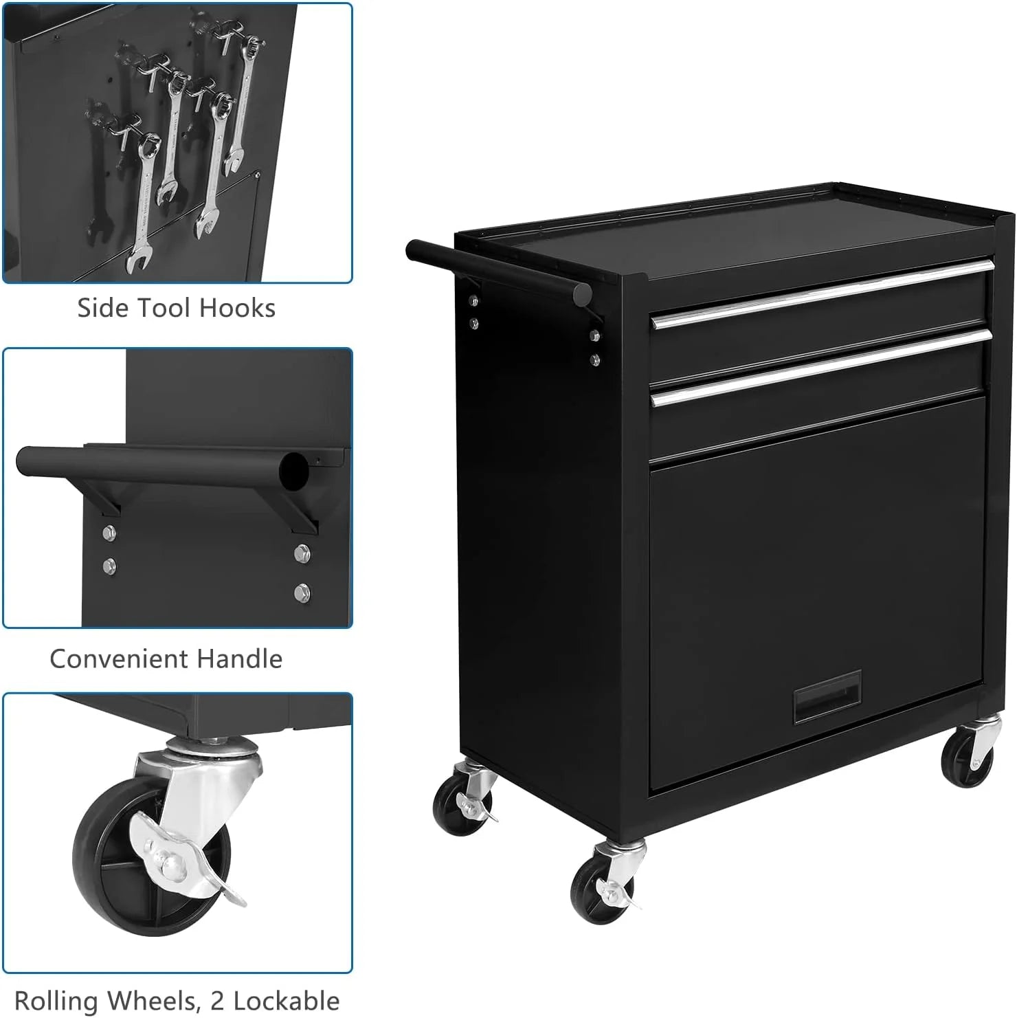 TUFFIOM 8-Drawer Rolling Tool Chest w/Lock & Key, Tool Storage Cabinet w/Wheels, Detachable Top, Drawers, Side Hooks & Drawer Liners, Tool Organizer Box for Garage, Warehouse & Repair Shop