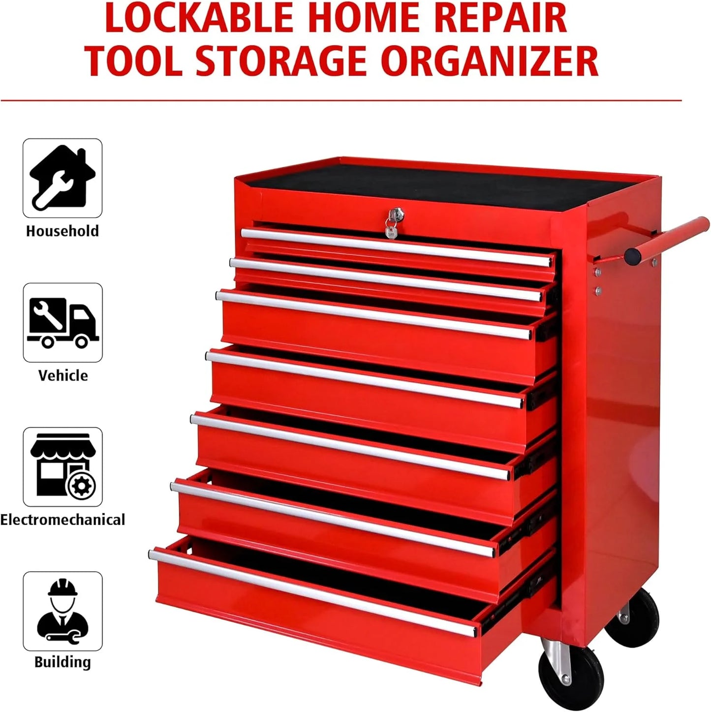 DSstyles Tool Chests, 7-Drawer Rolling Tool Storage Cabinet with Detachable Tray, Multi-Functional Handles, Adjustable Shelves, Secure Locking System, Heavy-Duty Wheels, Ideal for Garage, Workshop