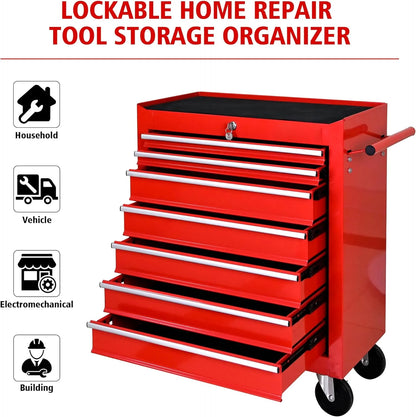 DSstyles Tool Chests, 7-Drawer Rolling Tool Storage Cabinet with Detachable Tray, Multi-Functional Handles, Adjustable Shelves, Secure Locking System, Heavy-Duty Wheels, Ideal for Garage, Workshop
