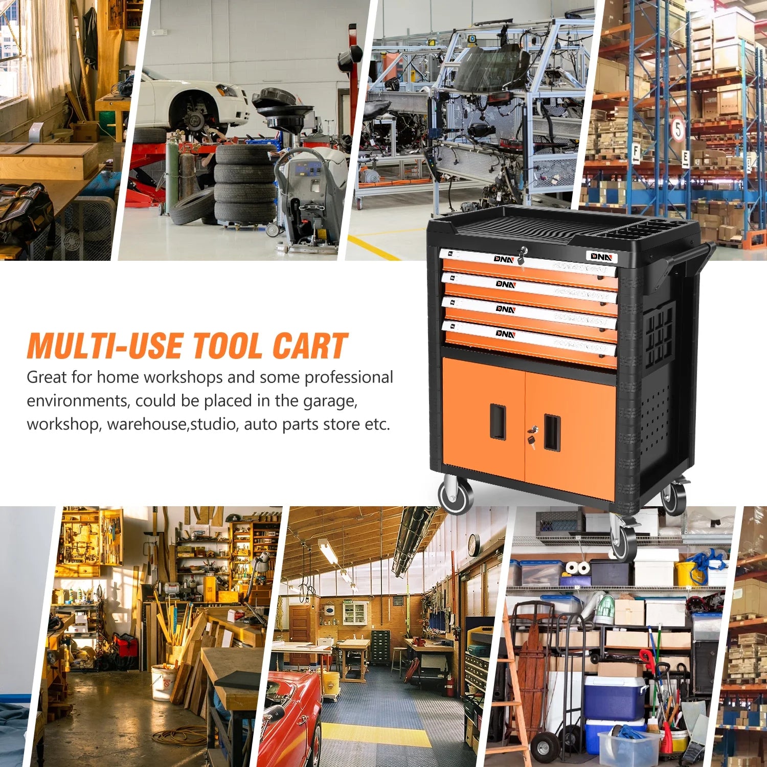 DNA Motoring TOOLS-00402 4 Drawer Garage Warehouse Workshop Divider Top Tray Rolling Cabinet Chest With Swivel Casters Orange
