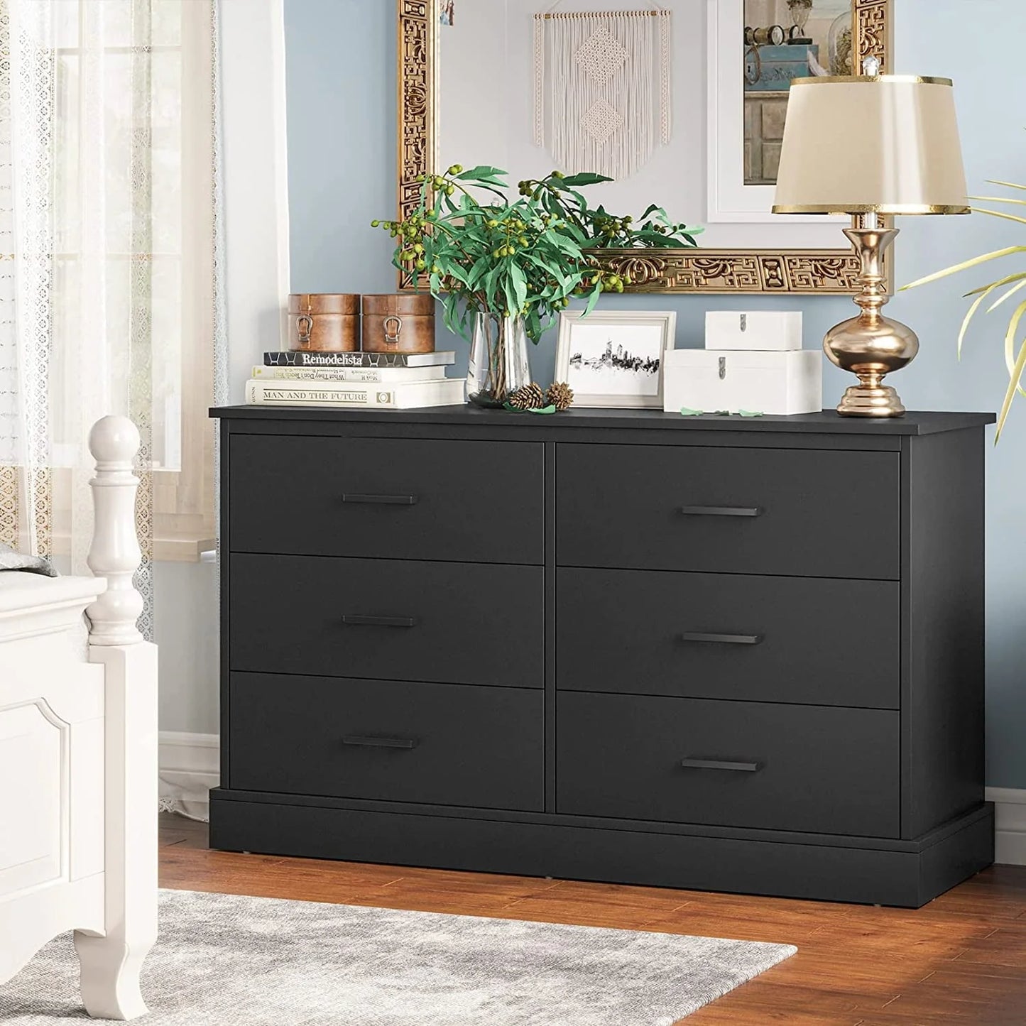 Black Double Dresser with 6 Drawers for Bedroom, Wood Large Chest of Drawers Storage Tower Clothes Organizer