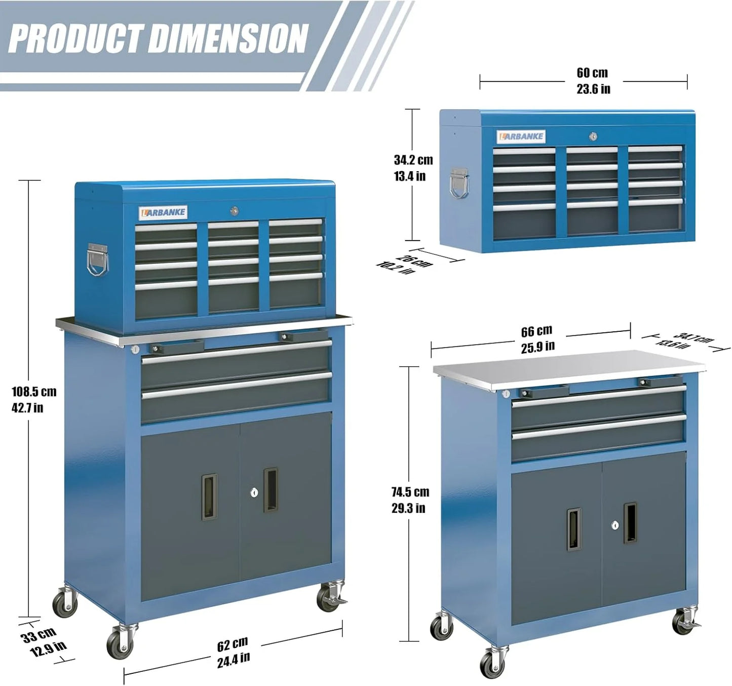 8-Drawer Rolling Tool Chest with Wheels and Door, Sliding Drawer, Stainless Steel Countertop, Large Workbench Forming Tool Chest for Garage Workshop