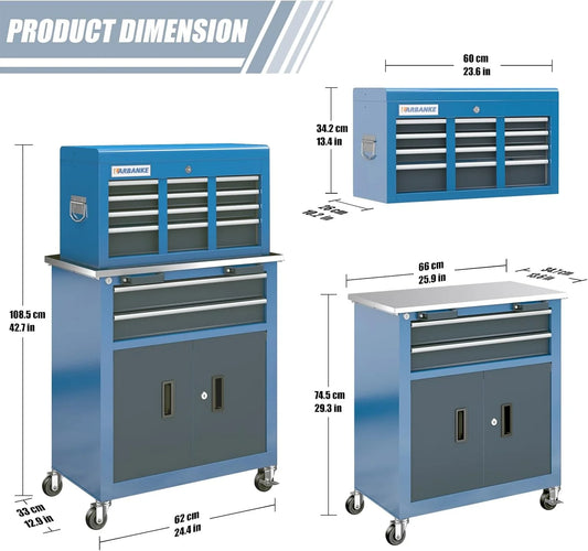 8-Drawer Rolling Tool Chest with Wheels and Door, Sliding Drawer, Stainless Steel Countertop, Large Workbench Forming Tool Chest for Garage Workshop