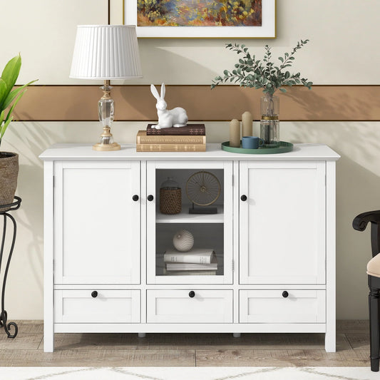 Modern Storage Cabinet, BUG HULL 44.9" Wide Solid Wood Sideboard Buffet Table, Console Table with 3 Doors and Drawers, White