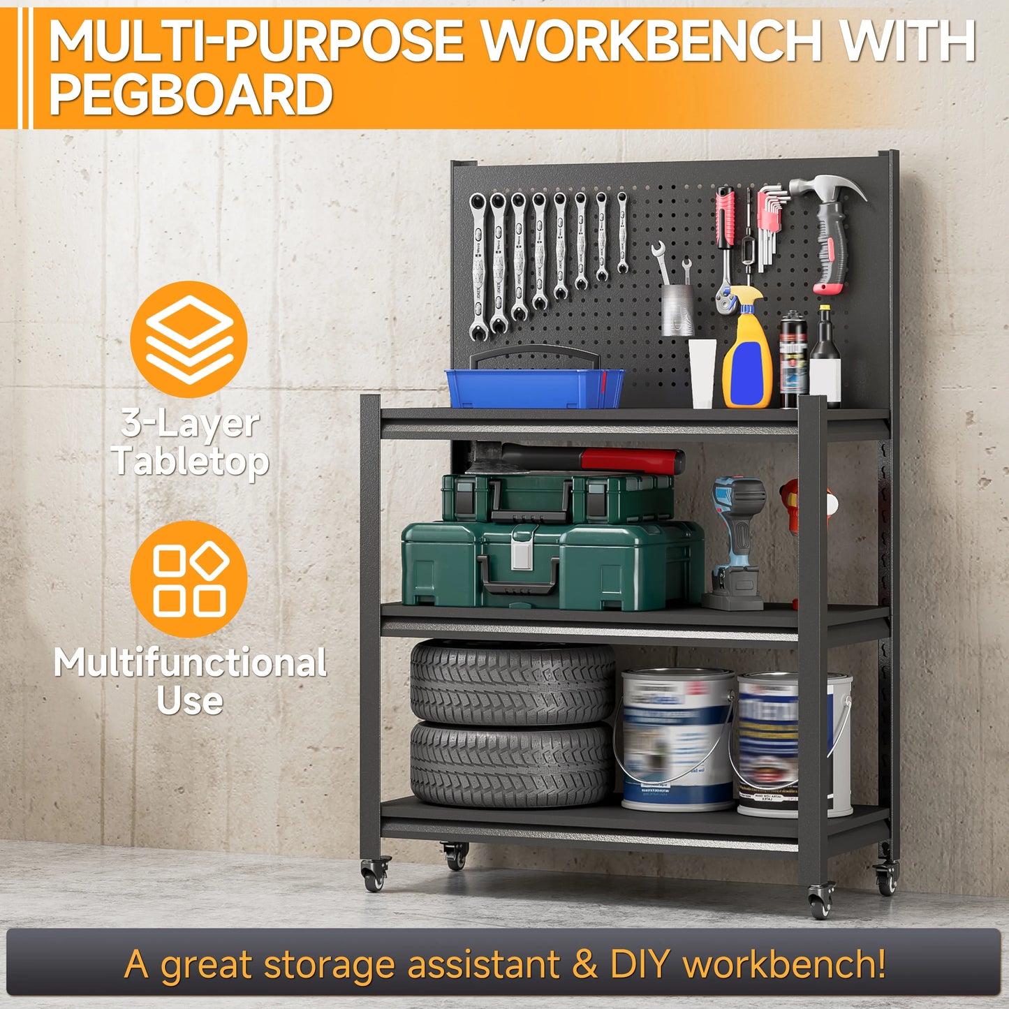 Workbench with Pegboard, 48" H Heavy Duty Steel Tool Workbench with Wheels, Metal Tool Work Bench for Garage Warehouse Workshop