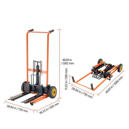 KFFKFF Hydraulic Material Lift Winch Stacker, 450 lbs Capacity, Pallet Truck with Fork Lift Table, 39.4-Inch Max Height, Foldable & Portable Pallet Jack Cart, Yellow & Black