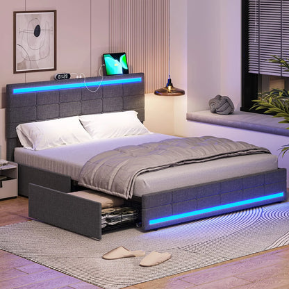Full Size Bed Frame with 4 Storage Drawers, Platform Bed Frame with 2 USB Ports, Upholstered Bed with LED Headboard Footboard, Square Stitched Button Tufted Design, Dark Grey
