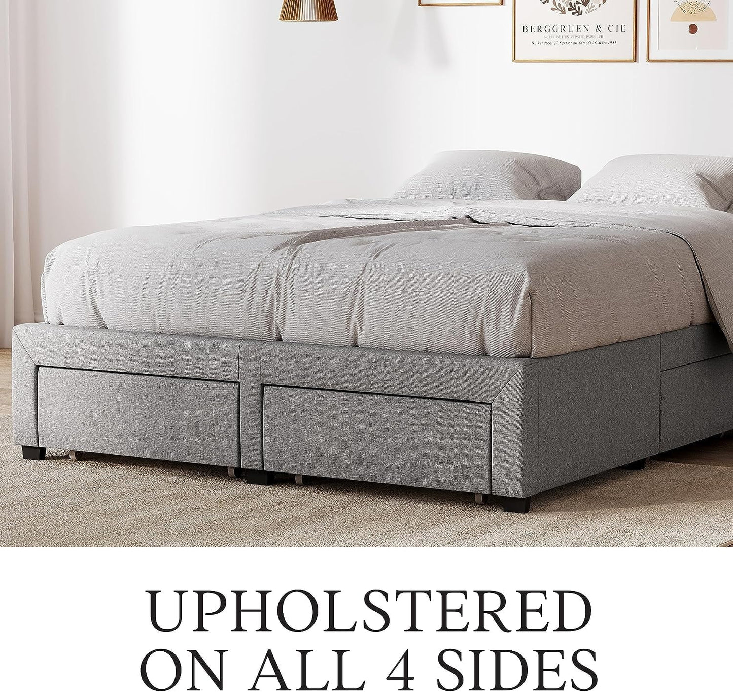 DG Casa Cosmo Upholstered Platform Bed Frame Base with Storage, Queen Size, Gray