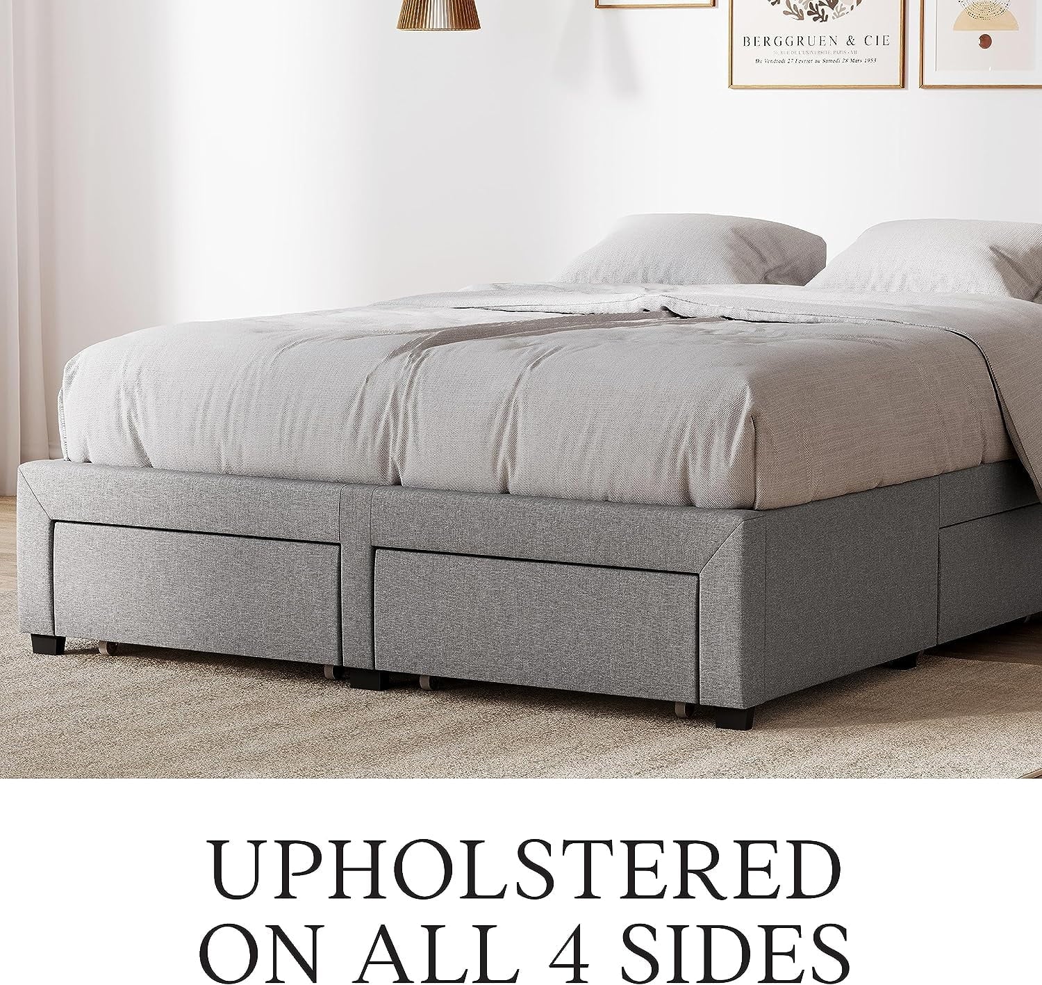 DG Casa Cosmo Upholstered Platform Bed Frame Base with Storage, Queen Size, Gray