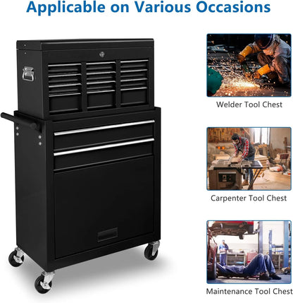 TUFFIOM 8-Drawer Rolling Tool Chest w/Lock & Key, Tool Storage Cabinet w/Wheels, Detachable Top, Drawers, Side Hooks & Drawer Liners, Tool Organizer Box for Garage, Warehouse & Repair Shop