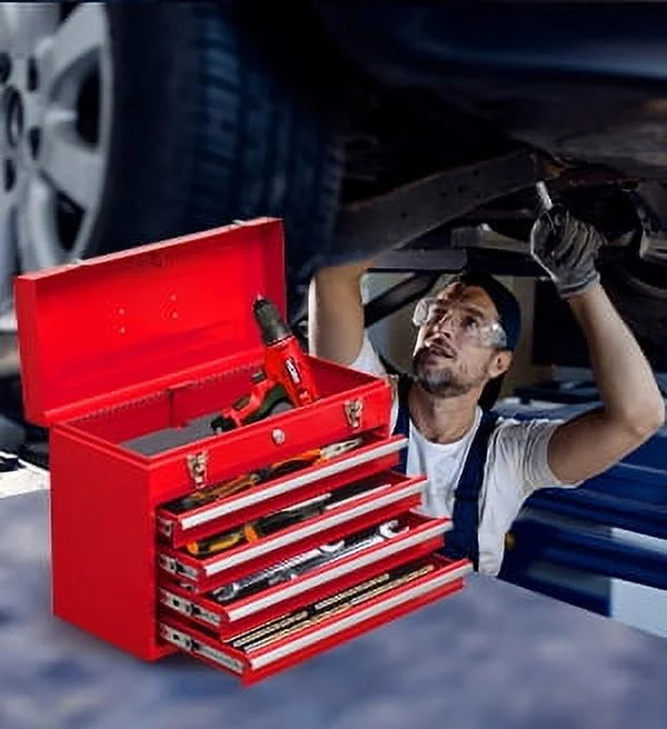 Metal Tool Box with 4 Drawers Portable Steel Tool Chest with Metal Cylinder Lock and Latch Closure, Liner, Red Powder coating, suitable for Garage, Warehouse and Outdoor Repair job-Red