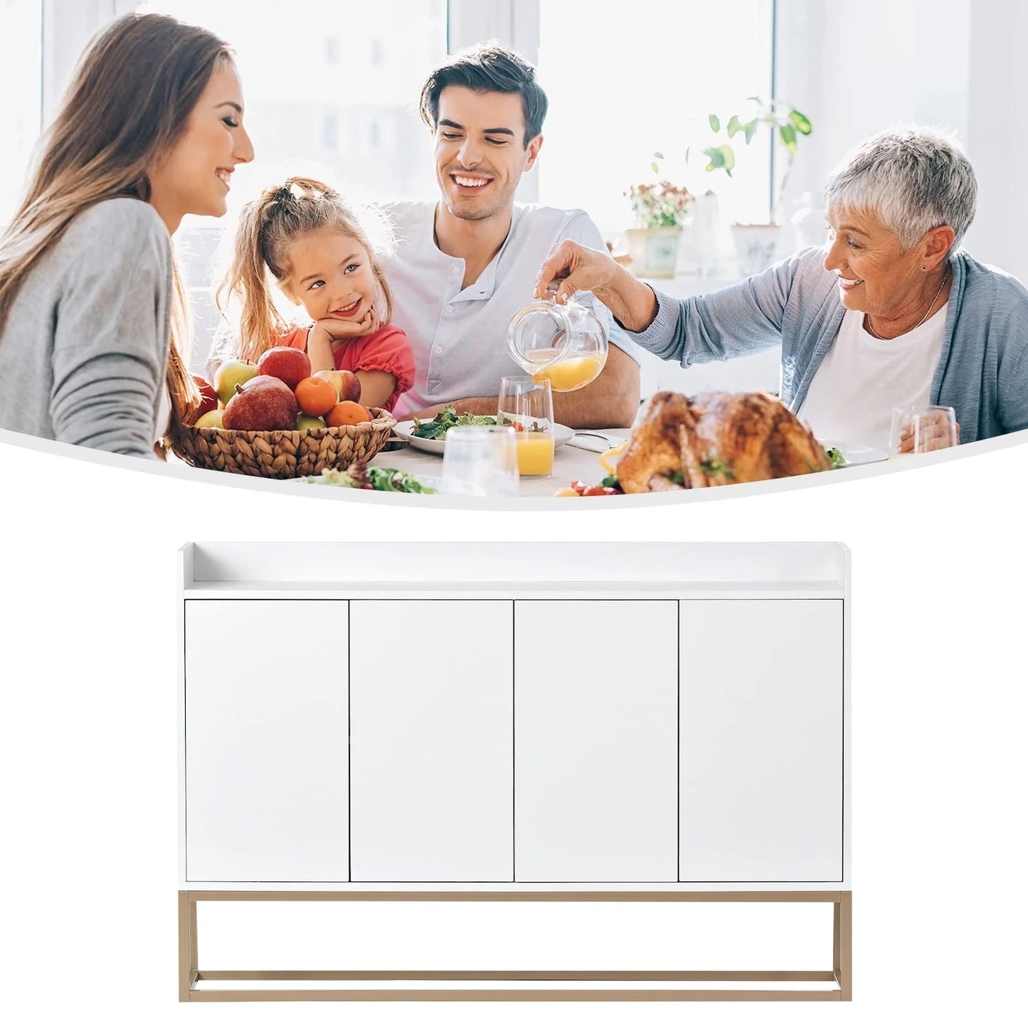 Storage Cabinet, Farmhouse Buffet Sideboard, Buffet Cabinet, Storage Cabinet with 4 Rattan Doors and Adjustable Shelves, Heavy Duty Cabinet Furniture for Living Room Kitchen Dining Room, White