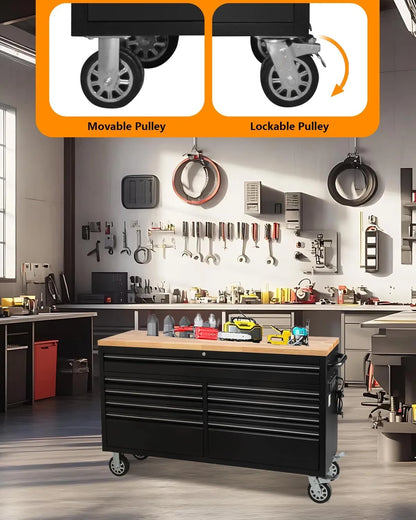 M optimized 61" Rolling Tool Chest with 9 Drawers, Lockable Tool Cabinet with Wheels, Mobile Workbench for Garage and Workshop Storage, Large Rolling Tool Chest