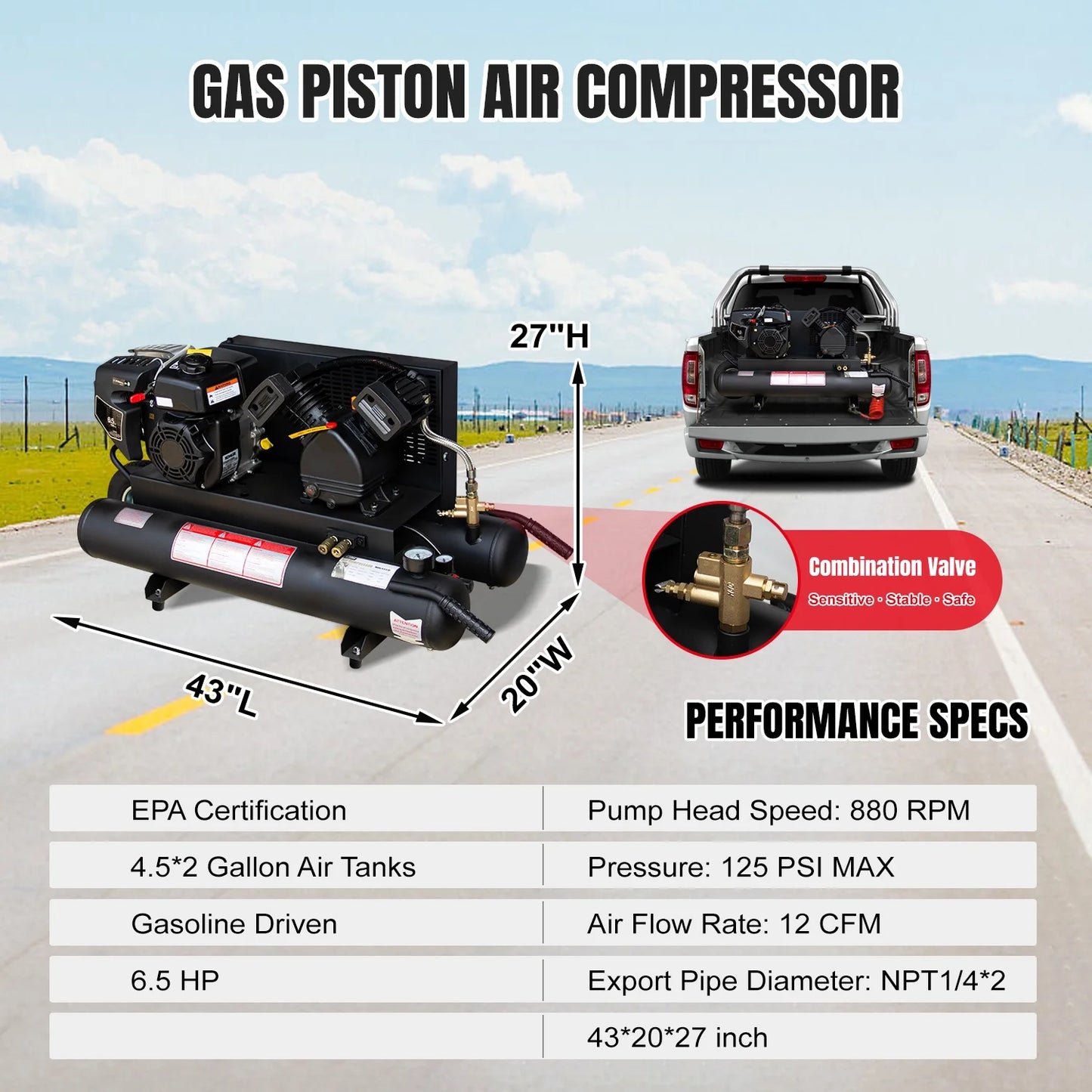 Horizontal 6.5 HP 9 Gal Gas-Powered Portable Air Compressor Double Tank 125 PSI 12 CFM
