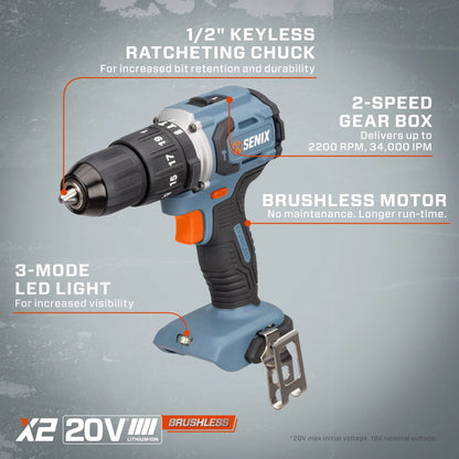 SENIX 20 Volt Max* 2-Piece Cordless Brushless Combo Kit, 1/2-Inch Hammer Drill Driver & 1/4-Inch Impact Driver (2 x Batteries, 1 x Charger and Soft Bag Included) S2K2B2-02