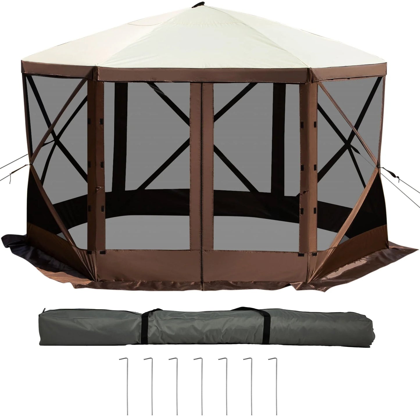 VEVORbrand Camping Gazebo Tent, 12'x12', 6 Sided Pop-up Canopy Screen Tent for 8 Person Camping, Waterproof Screen Shelter w/Portable Storage Bag, Ground Stakes, Mesh Windows, Brown & Beige