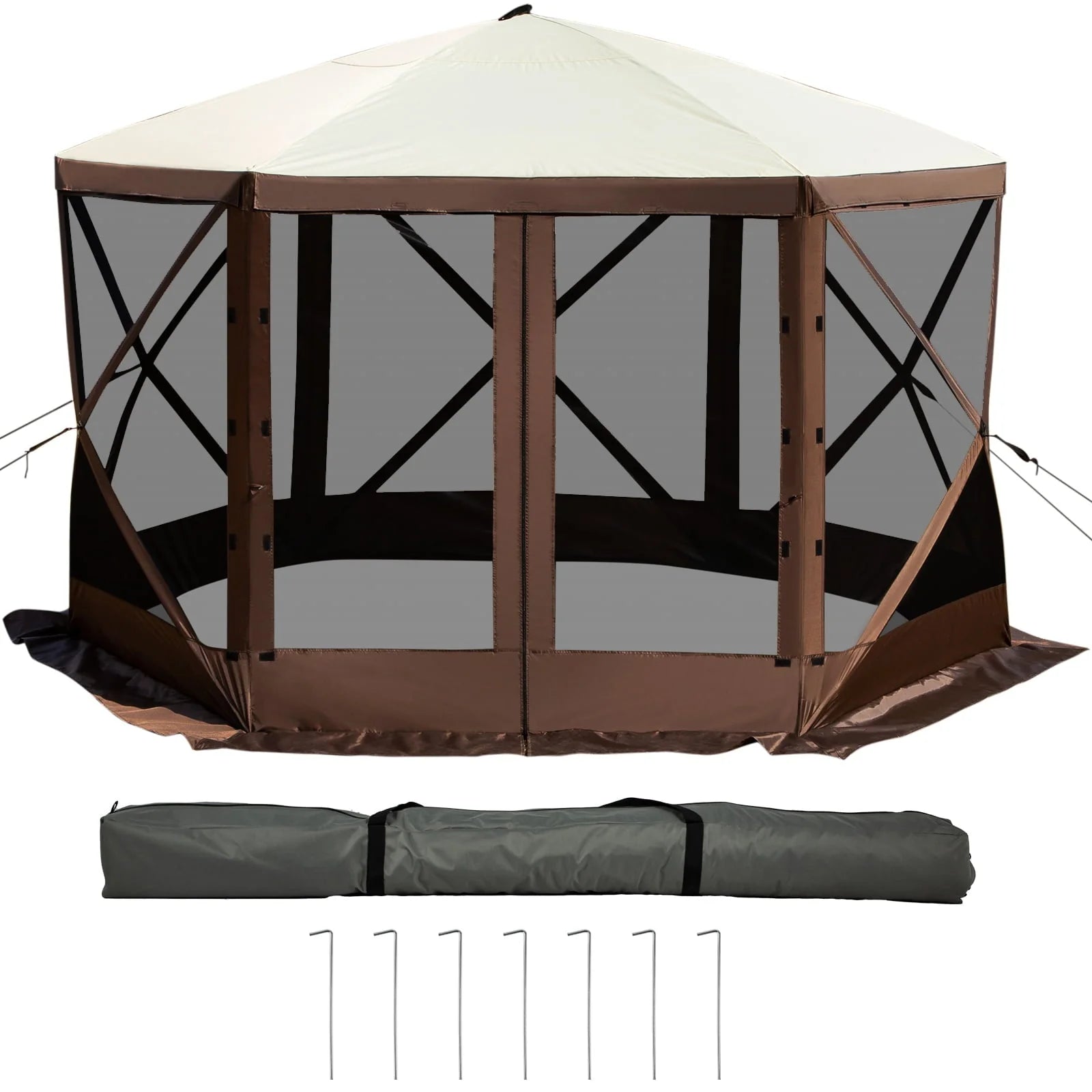 VEVORbrand Camping Gazebo Tent, 12'x12', 6 Sided Pop-up Canopy Screen Tent for 8 Person Camping, Waterproof Screen Shelter w/Portable Storage Bag, Ground Stakes, Mesh Windows, Brown & Beige