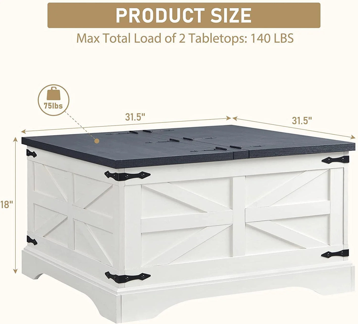 T4TREAM Farmhouse Square Wood Center Coffee Table with Lift Top and Storage for Living Room, White