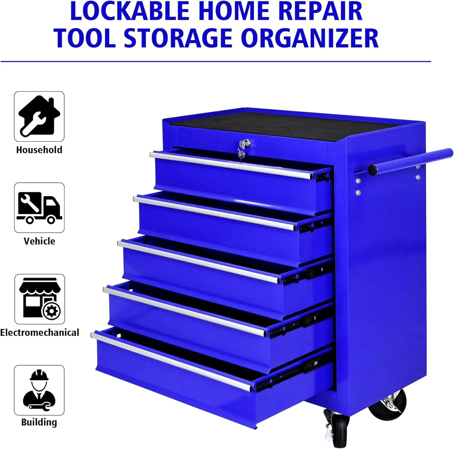 DSstyles Tool Chests, 5-Drawer Rolling Tool Storage Cabinet with Detachable Tray, Multi-Functional Handles, Adjustable Shelves, Secure Locking System, Heavy-Duty Wheels, Ideal for Garage, Workshop