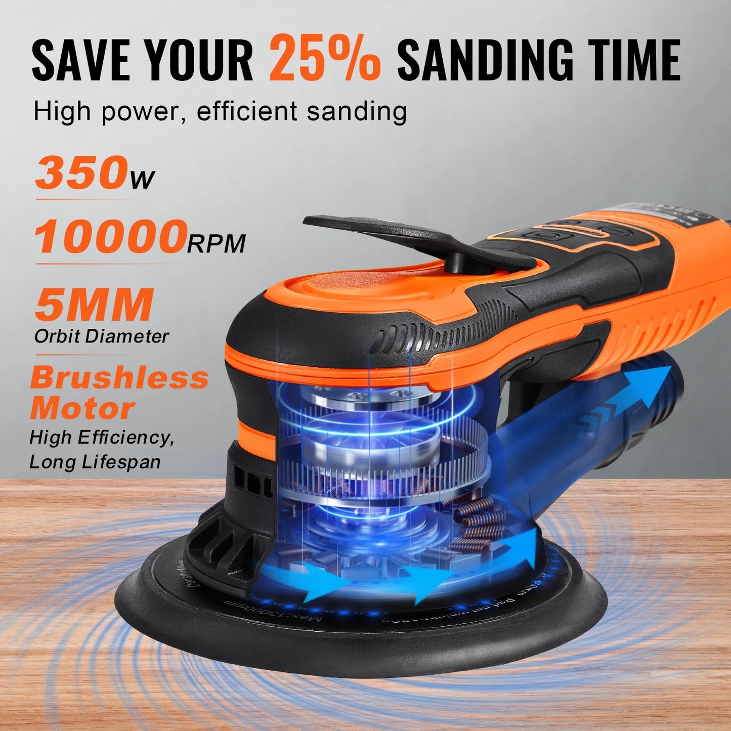 KFFKFF Dual-Size Orbital Sander,5 & 6-Inch,350W Brushless,10,000 PRM with 6 Adjustable Speeds, Electric Hand Sander.Comes with 20 Sandpapers,Dust Connector & Hose. Ideal for Detailed Woodwork Sanding