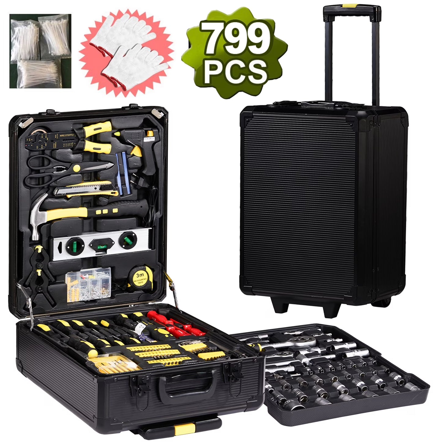 Seizeen 799pcs Tool Set for Man, Aluminum Trolley Case Tool Kit, Portable Ratchet Wrenches Set W/Various Screwdriver, Repairer Artisan Tool Box