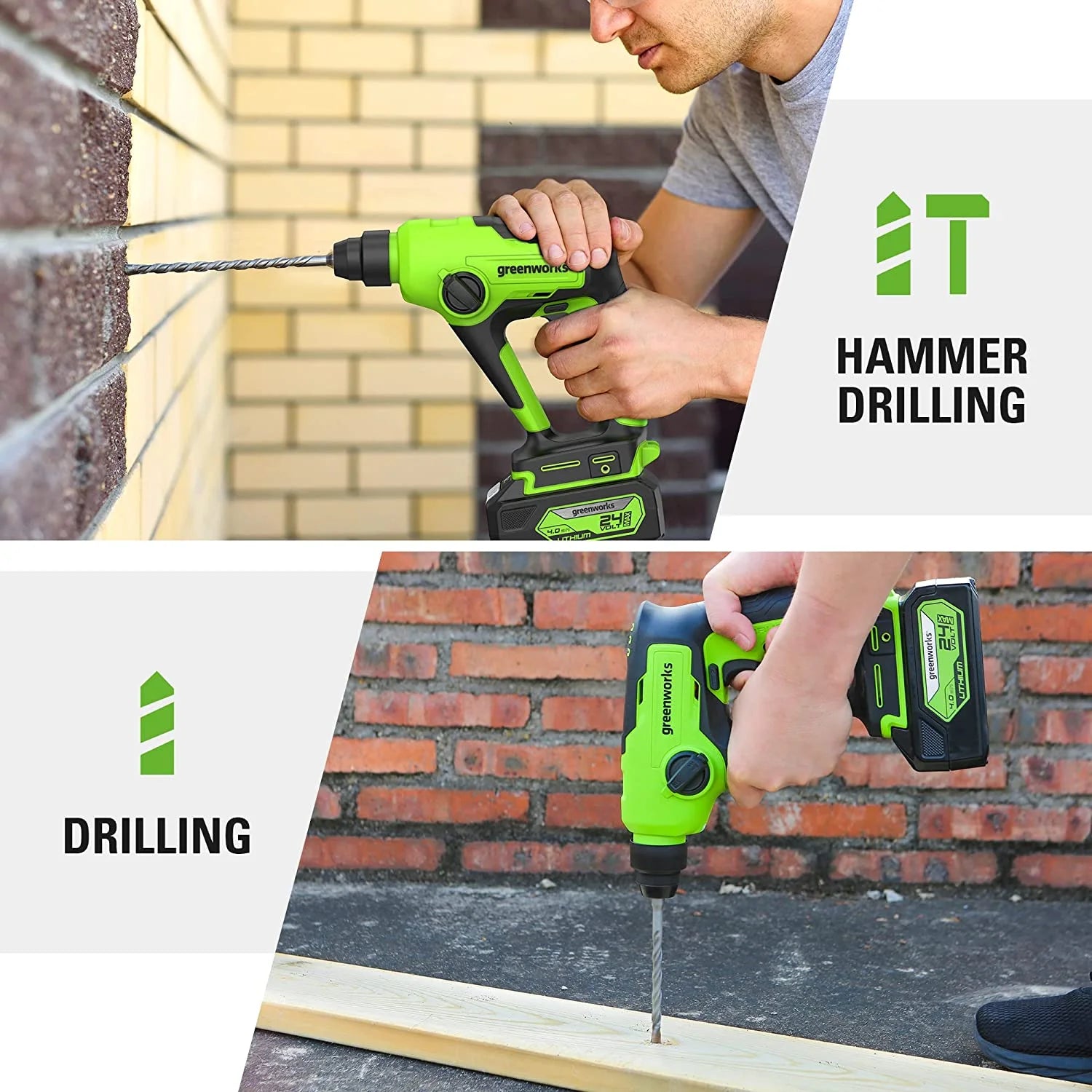 Greenworks 24V Brushless SDS 1.2J Rotary Hammer with 4Ah USB Battery and 2A (1H) Adaptor Charger
