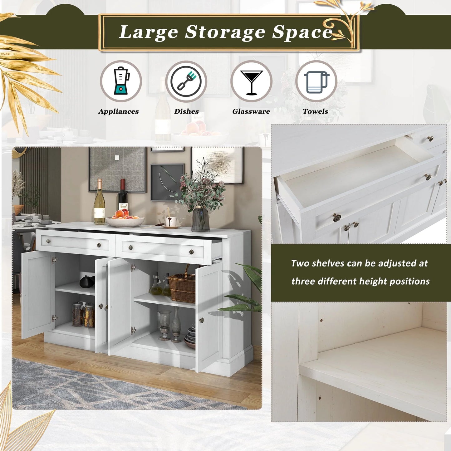 KEHOMY Kitchen Sideboard Storage Buffet Cabinet, with 2 Drawers and 4 Doors Adjustable Shelves for Dining Room, Living Room, Antique White