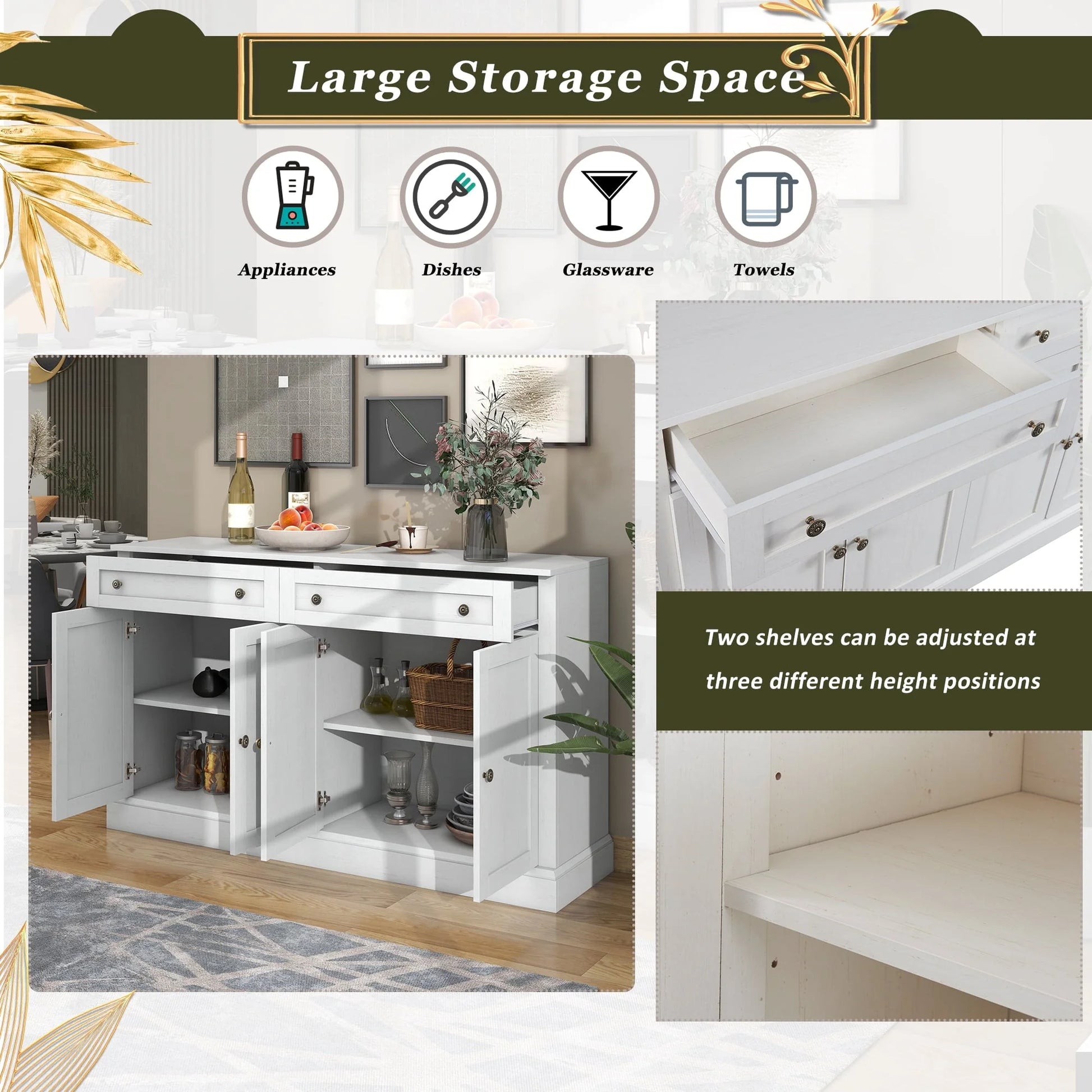 KEHOMY Kitchen Sideboard Storage Buffet Cabinet, with 2 Drawers and 4 Doors Adjustable Shelves for Dining Room, Living Room, Antique White