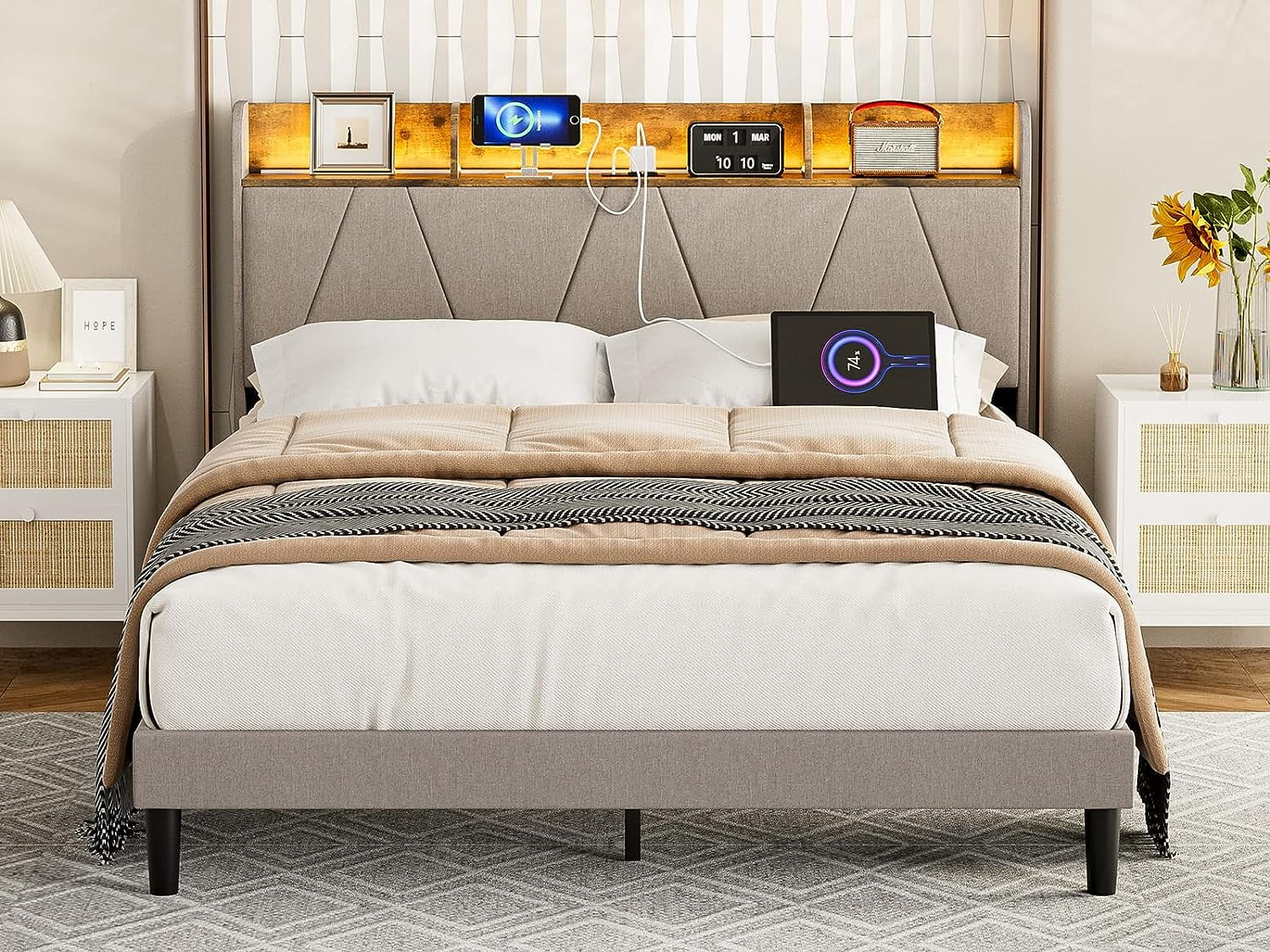 IKIFLY Queen Bed Frame with Charging Station & Storage Shelf Headboard, Upholstered LED Bed Frame with 2 Outlets and 2 USB Ports(1 Type C), Solid Wood Slats, No Box Spring Needed - Light Brown