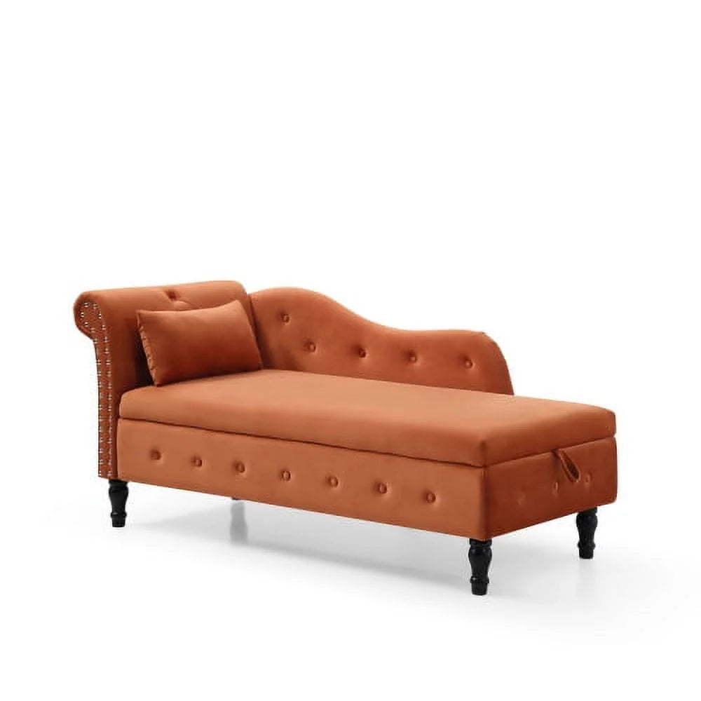 Velvet Chaise Lounge with Storage,Modern Upholstered Long Lounger with a Pillow and Solid Wood Legs,Multifunctional Sleeper Lounge Sofa for Living Room Bedroom Office,Orange