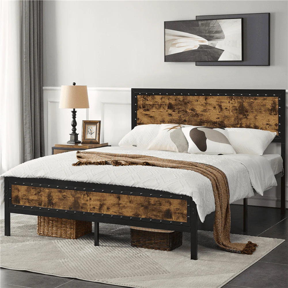 Yaheetech Metal Platform Bed with with Storage, Queen Size, Rustic Brown