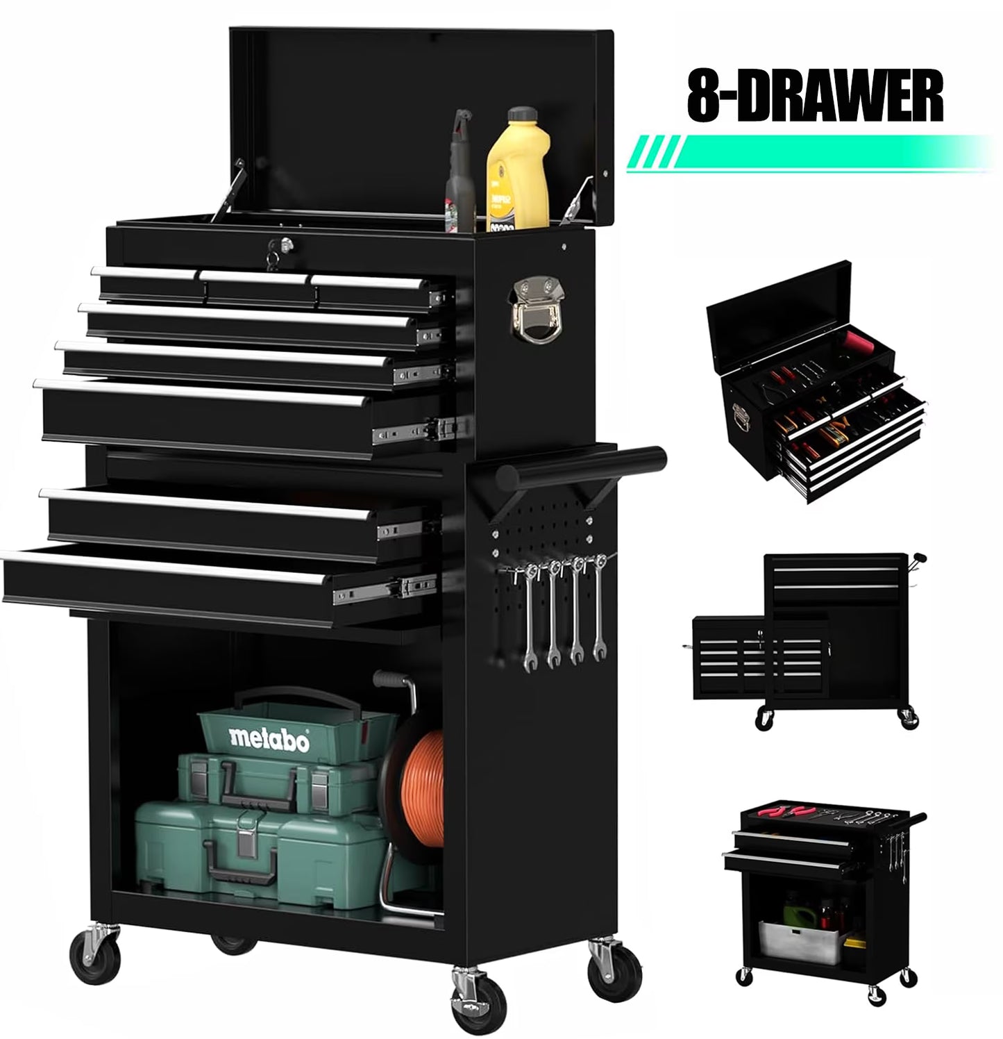 Seizeen 2-IN-1 Tool Chest & Cabinet, Large Capacity 8-Drawer Rolling Tool Box Organizer with Wheels Lockable, Black