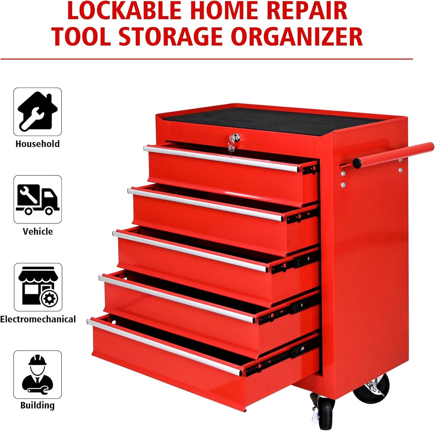 DSstyles Tool Chests, 5-Drawer Rolling Tool Storage Cabinet with Detachable Tray, Multi-Functional Handles, Adjustable Shelves, Secure Locking System, Heavy-Duty Wheels, Ideal for Garage, Workshop