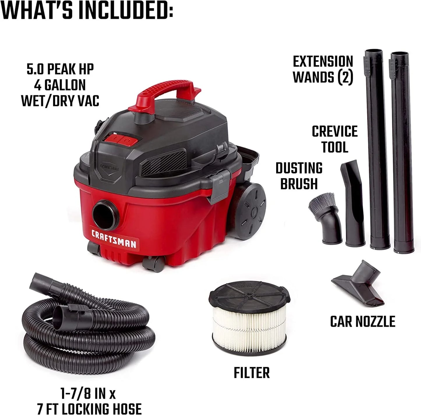 Craftsman 2027722 4 gal 120V 5 HP Corded Wet & Dry Vacuum, Black & Red