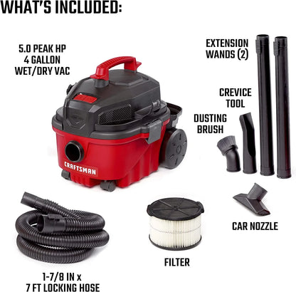 Craftsman 2027722 4 gal 120V 5 HP Corded Wet & Dry Vacuum, Black & Red