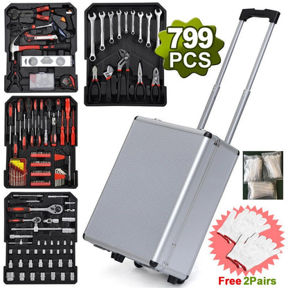 799 Pieces Professional Mechanics Hand Tool Set, Mobile Tool box on Wheels W/Ratchets& Socket, Screwdriver, Tongs, 4-layer Tool Case & Tool Kit, Silver