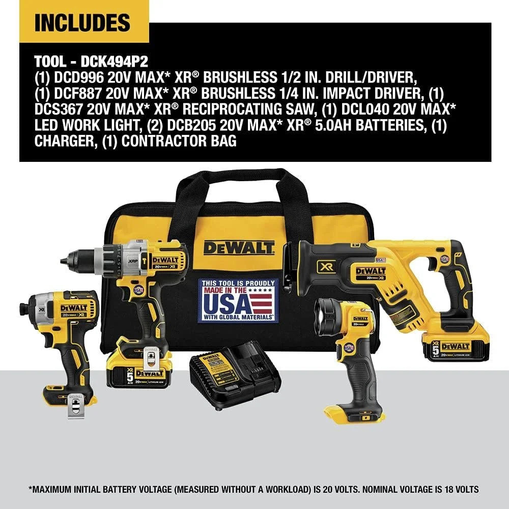 DEWALT 20V MAX XR Cordless Drill Combo Kit, 4-Tool DCK494P2