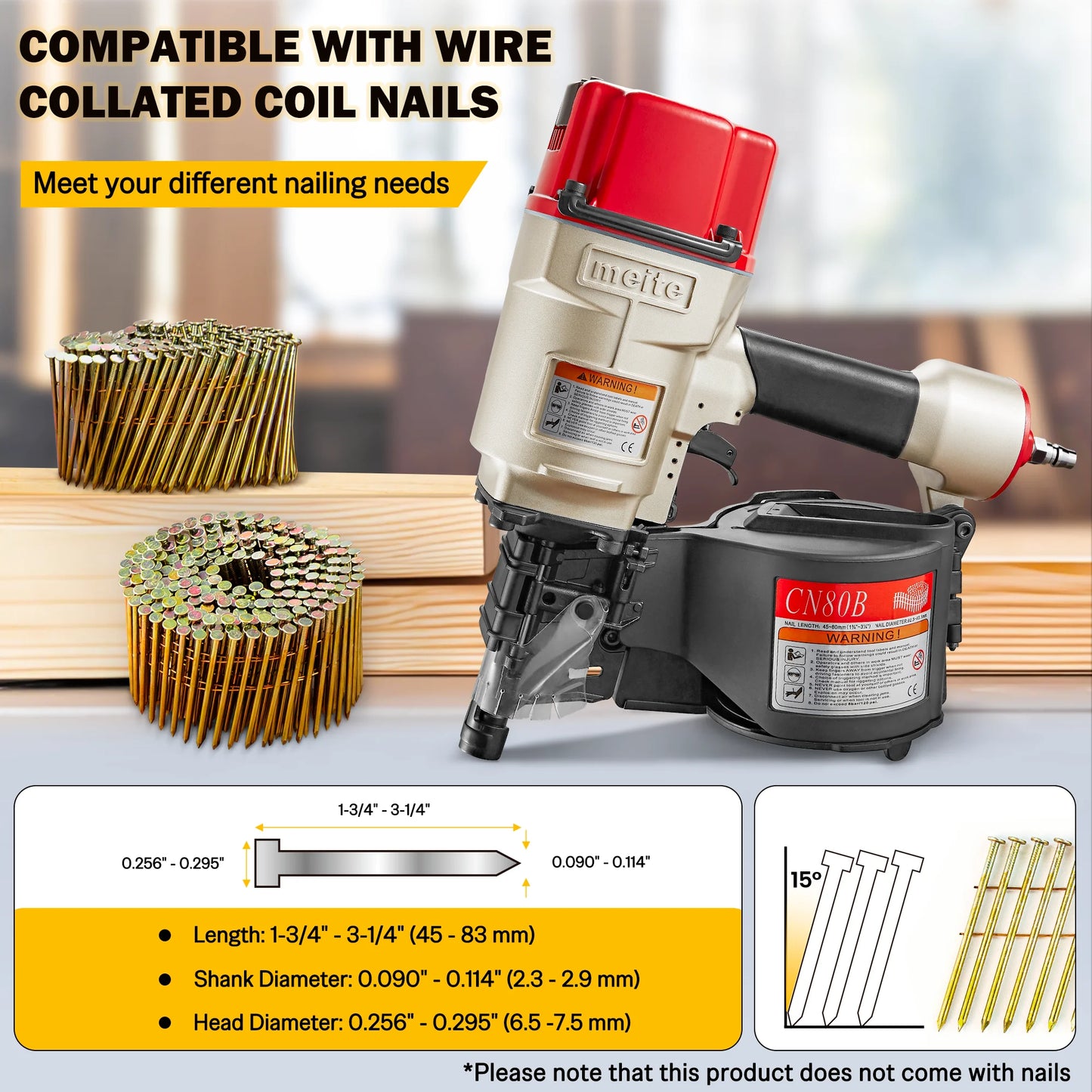 MEITE CN80B Pneumatic Coil Siding Nailer 15 Degree 2" to 3-1/4" Industrial Coil Nail Gun