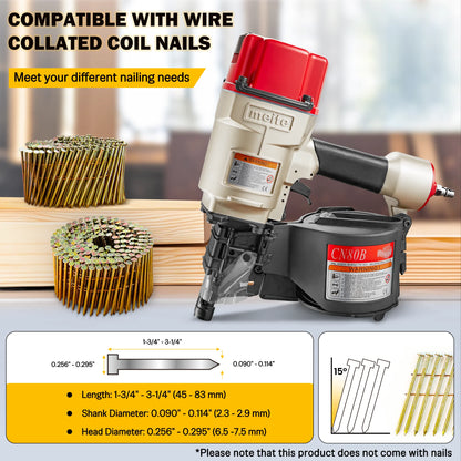 MEITE CN80B Pneumatic Coil Siding Nailer 15 Degree 2" to 3-1/4" Industrial Coil Nail Gun