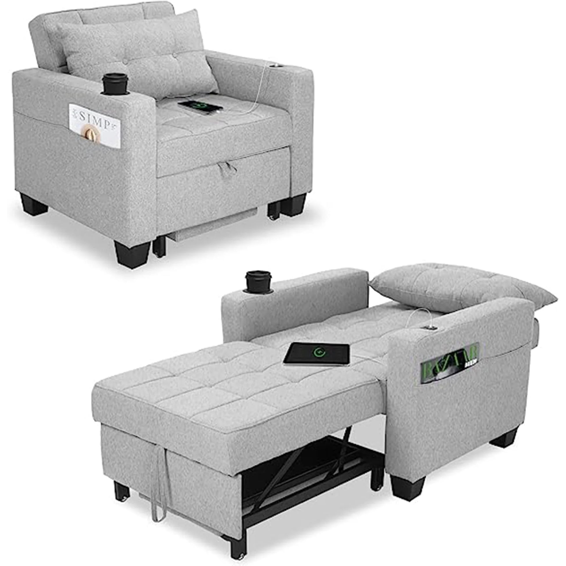 DURASPACE Accent Chair Chaise Lounge Indoor Arm Chair with USB Port, Cup Holder, Side Pocket, Storage, Pillow for Living Room Bedroom - Light Gray