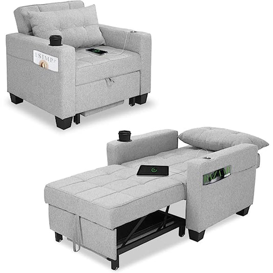 DURASPACE Accent Chair Chaise Lounge Indoor Arm Chair with USB Port, Cup Holder, Side Pocket, Storage, Pillow for Living Room Bedroom - Light Gray