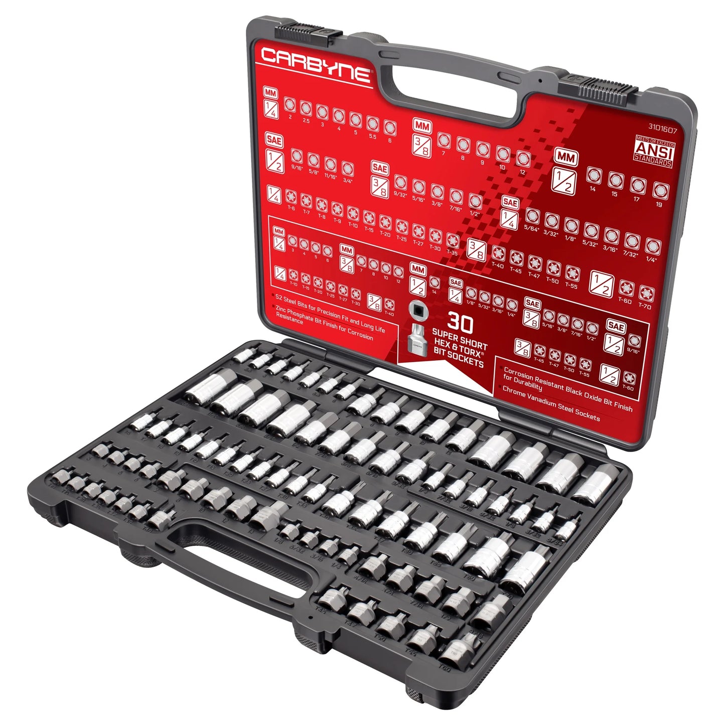 Carbyne 80-Piece Torx, SAE Hex (Allen) & Metric Hex (Allen) Bit Socket Set with 30 Super Short Bit Sockets, Cr-V Steel Sockets, S2 Steel Bits, Durable Storage Case