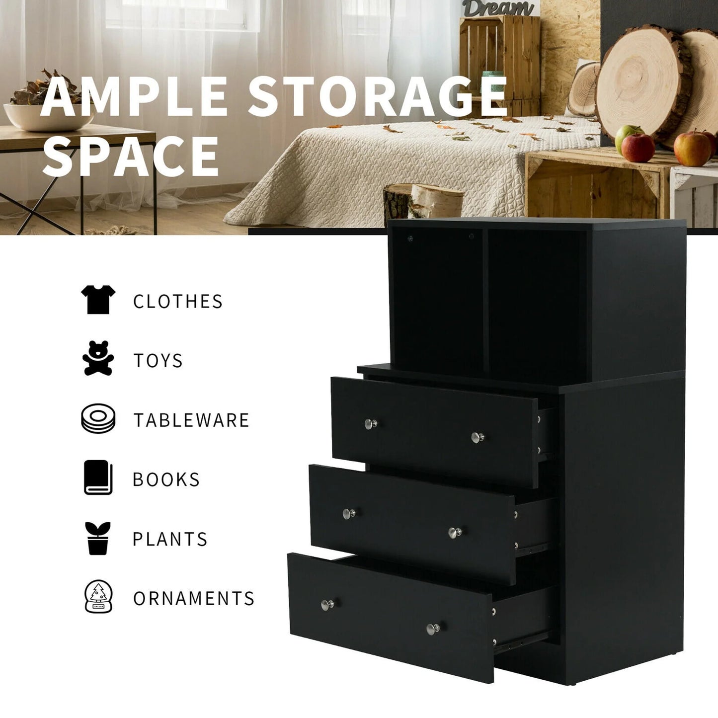 Gymax 3 Drawer Dresser W/Cubbies Storage Chest for Bedroom Living Room Black