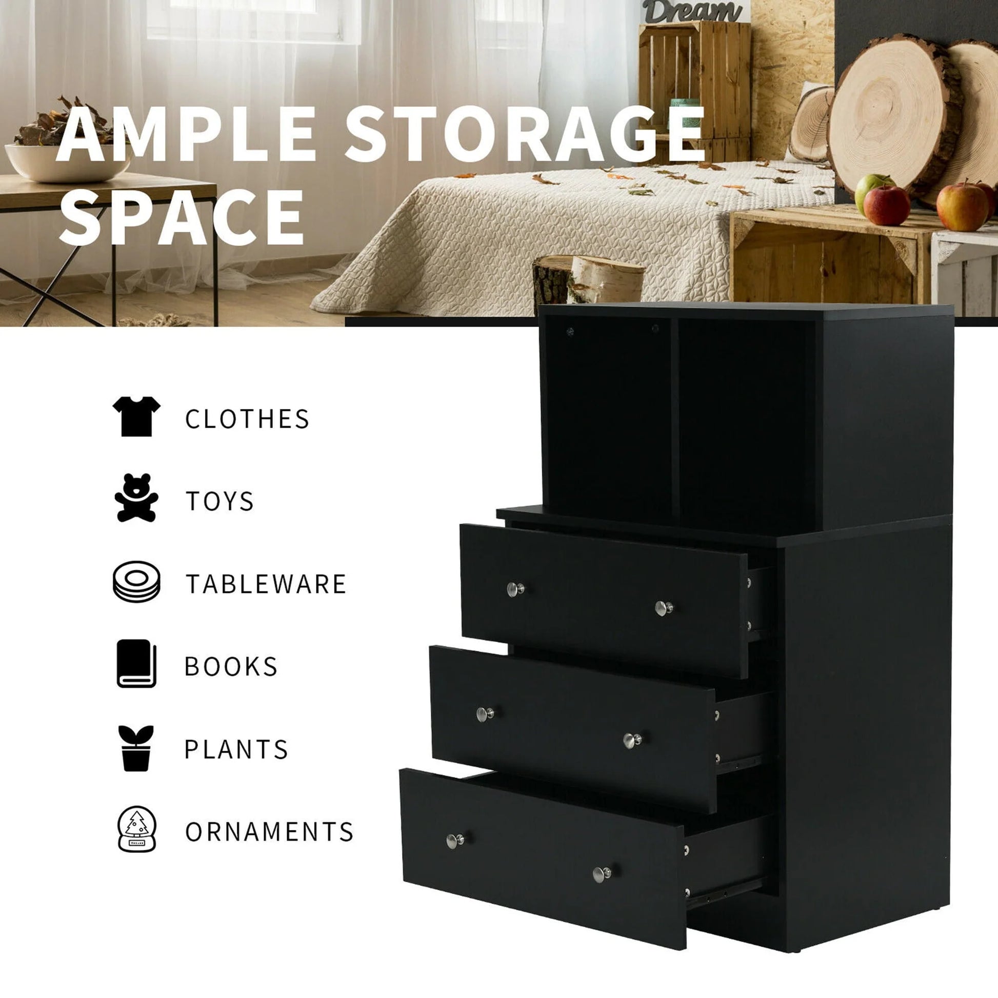 Gymax 3 Drawer Dresser W/Cubbies Storage Chest for Bedroom Living Room Black