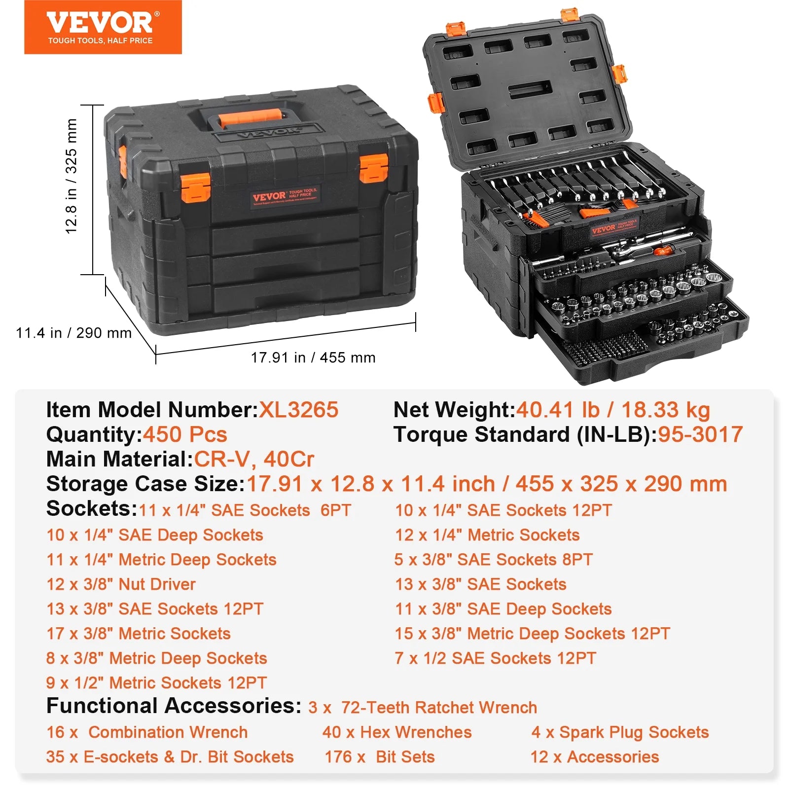 VEVOR Mechanics Tool Set and Socket Set, 1/4" 3/8" 1/2" Drive Deep and Standard Sockets, 450 Pcs SAE and Metric Mechanic Tool Kit with Bits, Hex Wrenches, Combination Wrench,Accessories,Storage Case