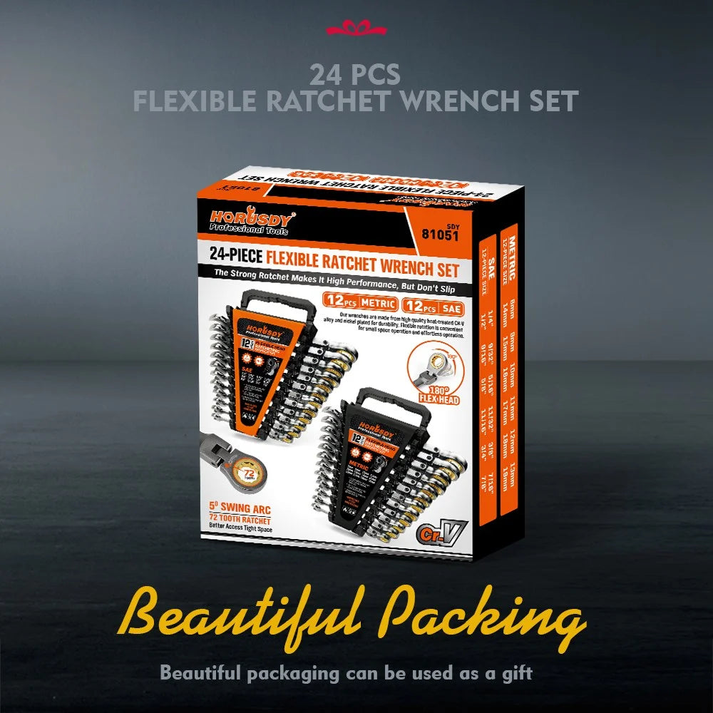 24PC Flex-Head Ratcheting Wrench Set Metric & SAE w/Organizer 8-19mm 1/4"-7/8"