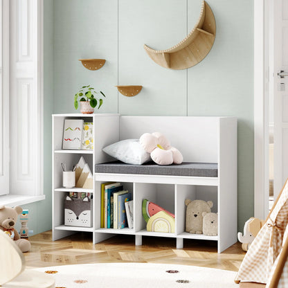 Homfa 6 Cube Kids Bookshelf with Reading Nook, Storage Organizer with Seat Cushion for Children's Room, White