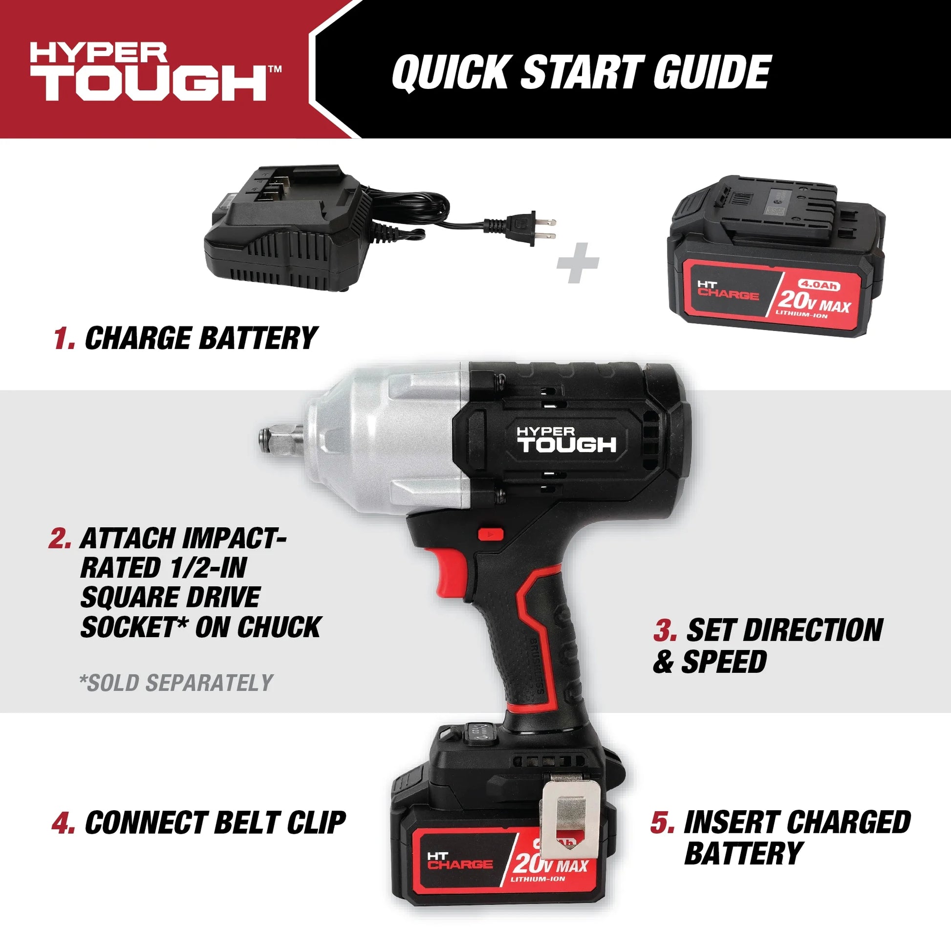 Hyper Tough 20V Max Brushless 1/2-inch High-Torque Cordless Impact Wrench with 4.0Ah Lithium-Ion Battery and Charger